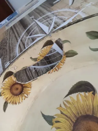 Vassoio girasoli vintage in ferro dipinto 39x30x5