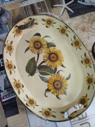 Vassoio girasoli vintage in ferro dipinto 39x30x5