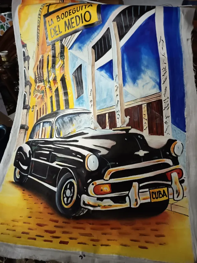 Tela Dipinta a Mano con Auto Classica Cubana