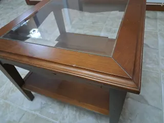 Mesa centro madera vintage con cristal