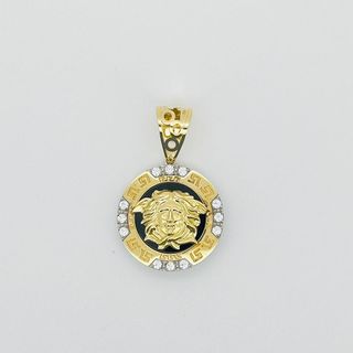 COLGANTE REDONDO MEDUSA ONIX Y GRECA. Oro 18k.