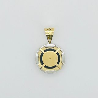 COLGANTE REDONDO MEDUSA ONIX Y GRECA. Oro 18k.