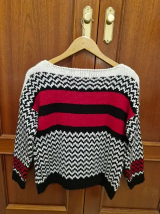 Jersey de lana zigzag rojo, negro y blanco