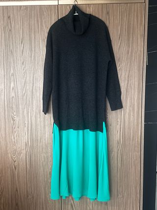 Vestido Sandro punto y tul gris turquesa