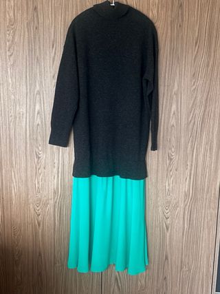 Vestido Sandro punto y tul gris turquesa