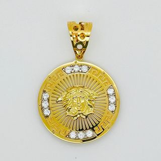 COLGANTE REDONDO MEDUSA GRECA Y CIRCONITAS.Oro 18K