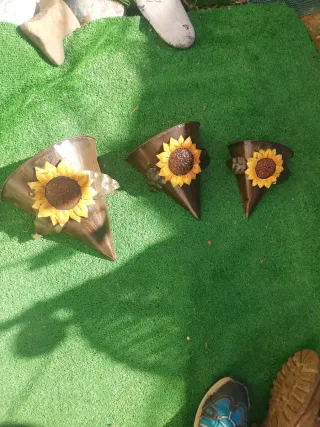 3 Maceteros Hojalata Girasol Metal Marrón