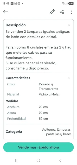 Lámpara de latón con lágrimas de cristal