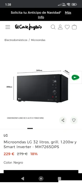 Horno y microondas LG (2 en 1) MH7265DPS 1200W