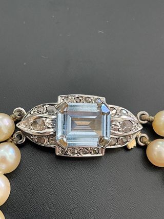 Collar Perlas Oro 18k con Aguamarina y diamantes