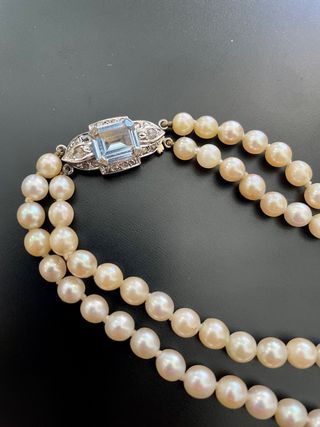 Collar Perlas Oro 18k con Aguamarina y diamantes