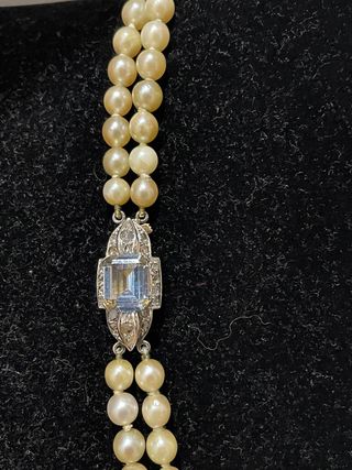 Collar Perlas Oro 18k con Aguamarina y diamantes