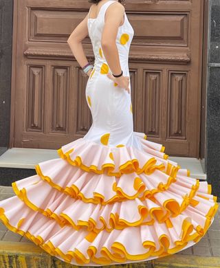Traje Flamenca Lunares Blanco y Rosa T.34/36