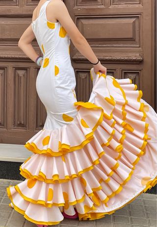 Traje Flamenca Lunares Blanco y Rosa T.34/36