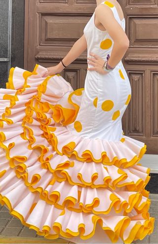 Traje Flamenca Lunares Blanco y Rosa T.34/36