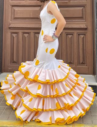 Traje Flamenca Lunares Blanco y Rosa T.34/36