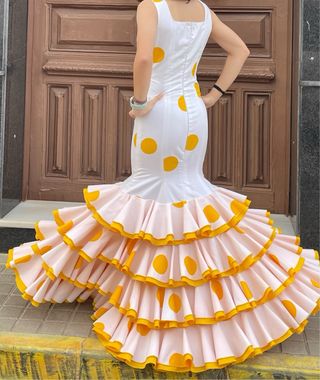 Traje Flamenca Lunares Blanco y Rosa T.34/36