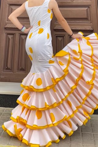 Traje Flamenca Lunares Blanco y Rosa T.34/36