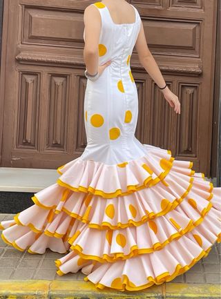 Traje Flamenca Lunares Blanco y Rosa T.34/36