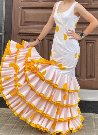 Traje Flamenca Lunares Blanco y Rosa T.34/36