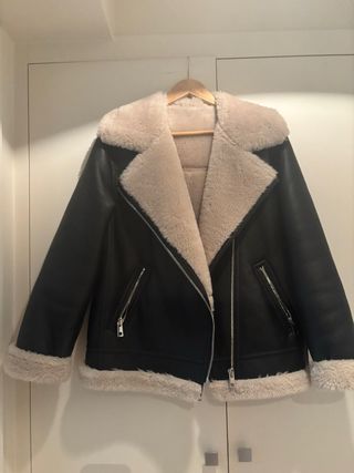 Chaqueta Biker Piel Vuelta Mango Negra