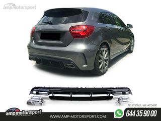 DIFUSOR TRASERO NEGRO BRILLO CON COLAS CROMADAS PARA MERCEDES CLASE A W176
