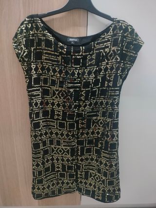 Vestido fiesta lentejuelas dorado negro talla S