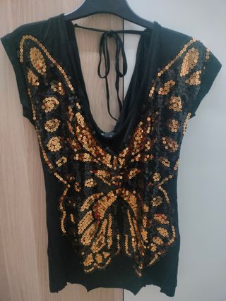 Camiseta fiesta lentejuelas mariposa S