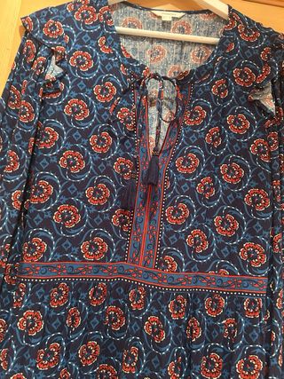 Vestido largo estampado azul, marrón y color cuero