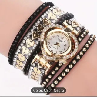Reloj Pulsera Corazón Dorado y Negro
