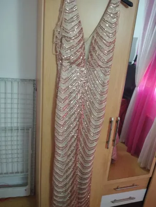 Vestido de fiesta lentejuelas beige y oro