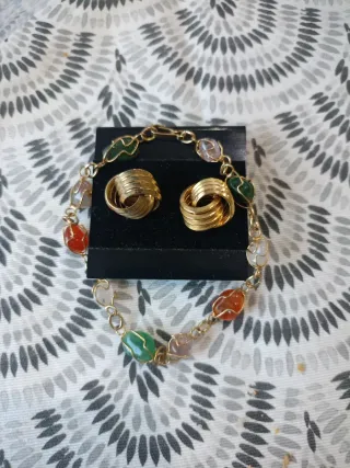 Conjunto Pulsera y Pendientes Oro Piedras Multicol