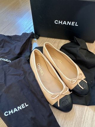 Chanel Bailarinas Beige y Negro Talla 36 1/2