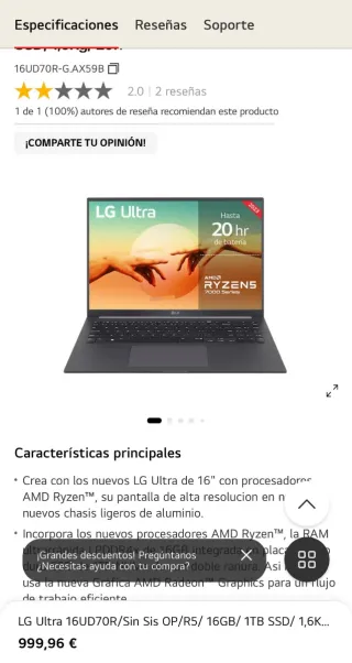 Portátil LG Ultra 16UD70R Ryzen 5 1TB 16 FHD