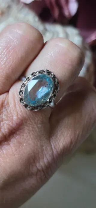 Anillo antiguo cristal azul plata