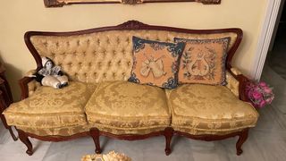 Tresillo Clásico Tapizado Tela y Madera