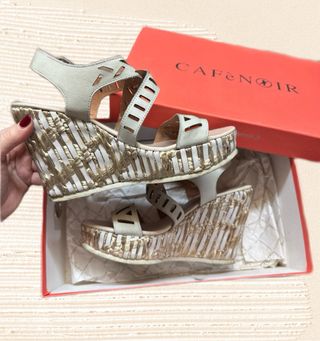 vintage shiny ice color chunky heels espadrillas