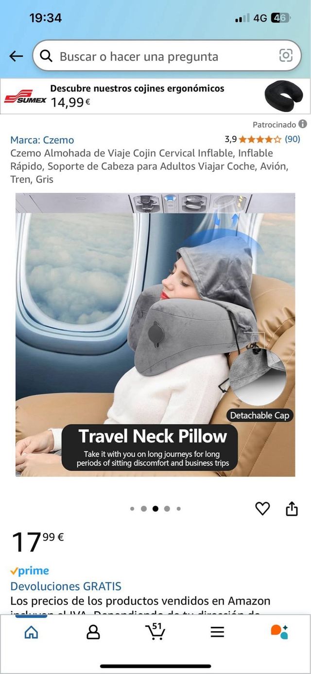Almohada de Viaje Cojin Cervical Inflable