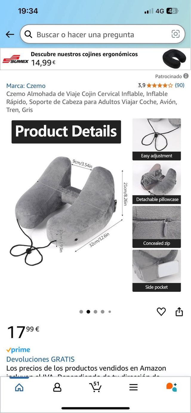 Almohada de Viaje Cojin Cervical Inflable