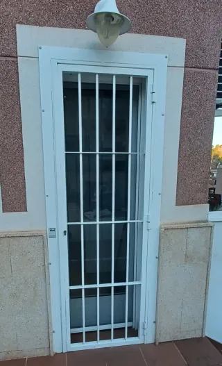Puerta aluminio balconada con reja.