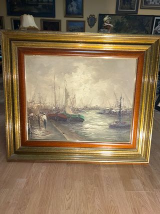 Cuadro antiguo óleo barcos puerto