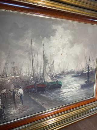 Cuadro antiguo óleo barcos puerto