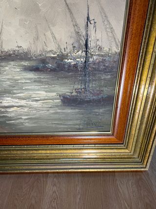 Cuadro antiguo óleo barcos puerto