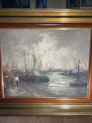 Cuadro antiguo óleo barcos puerto