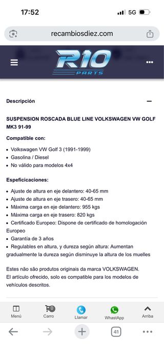 Suspensión roscada Blue Line golf mk3