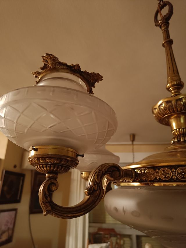 Lámpara Techo Antigua Araña Bronce Opalinas