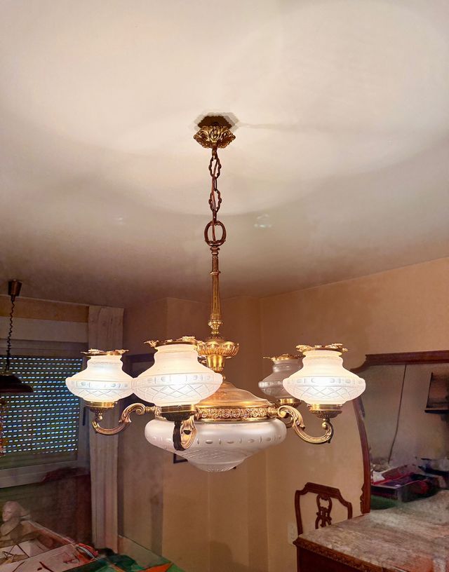 Lámpara Techo Antigua Araña Bronce Opalinas