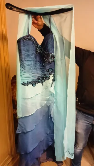 Abito elegante cerimonia blu e teal