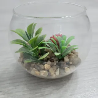Mini maceta cristal con plantas artificiales