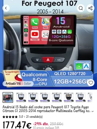 Pantalla Android Peugeot 107/Toyota Aygo